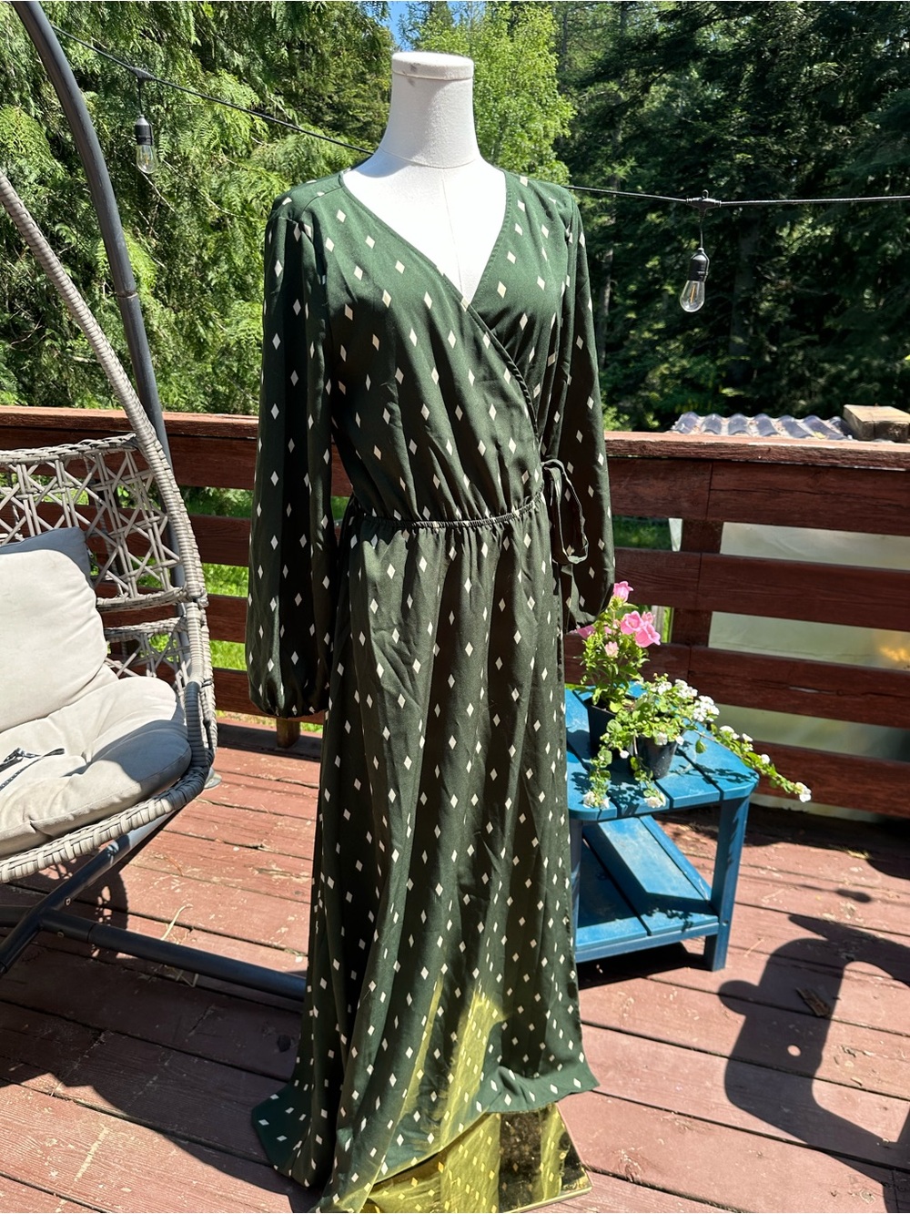 Emerald Long Sleeve Patterned Beautiful Dress L - Perfect for Winter!